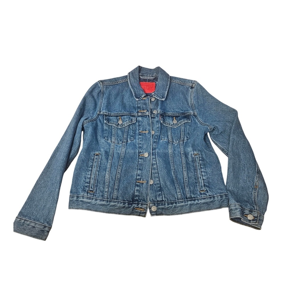 Levis Denim Trucker Jacket Medium Wash Blue Geometric Star Print‎ Lining Womens